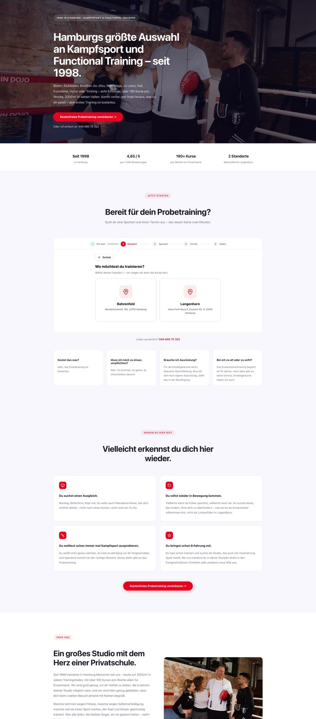 Landingpage des Zanshin Dojo mit eingebettetem Buchungsfunnel